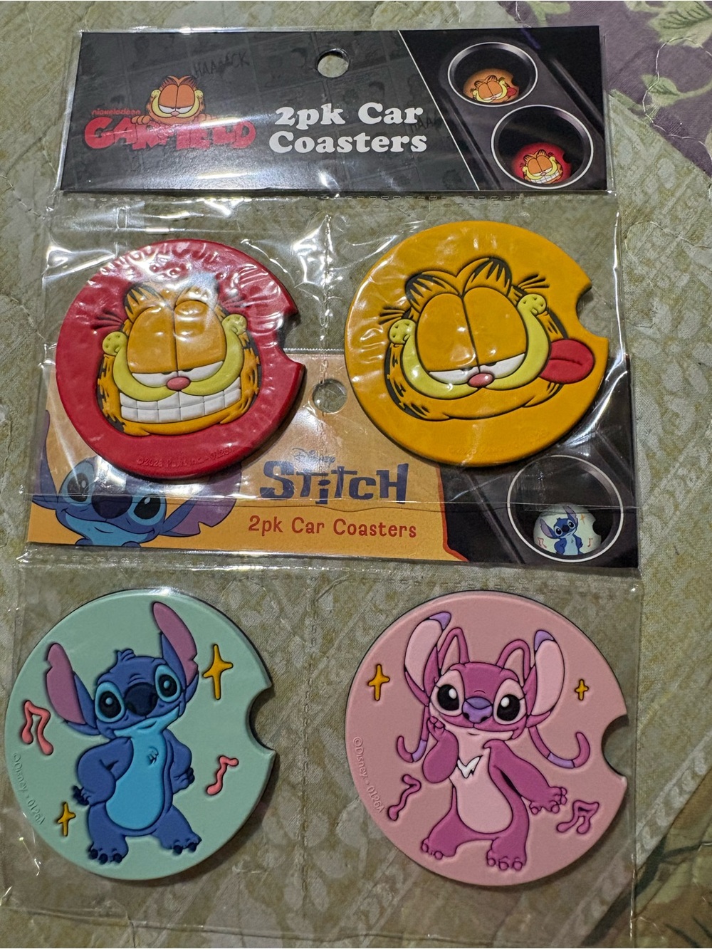Garfield & Stitch 4-Pack Car Cup Coasters - Red, Yellow, Mint, Pink